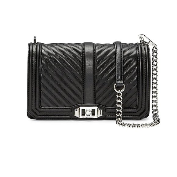NWT Rebecca Minkoff Chevron Quilted Leather Crossbody Shoulder Bag BLACK SILVER